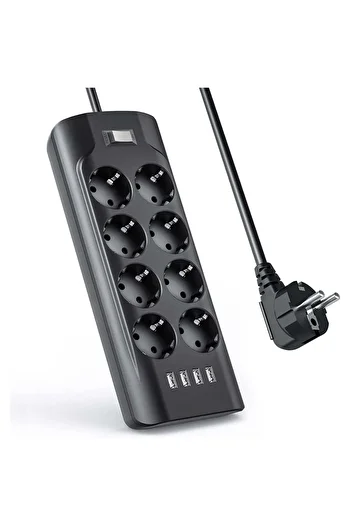 Timebox Extension Cord, 8 Outlets, 4 x USB, ON/OFF Button, Surge Protection, 2m, Black