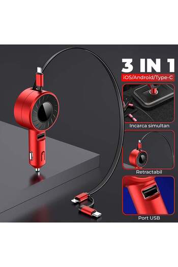 Timebox Super Fast Charge Car Charger, , 3 in 1, Retractable Cable USB-C, Micro-USB, Lightning, USB plug, Un