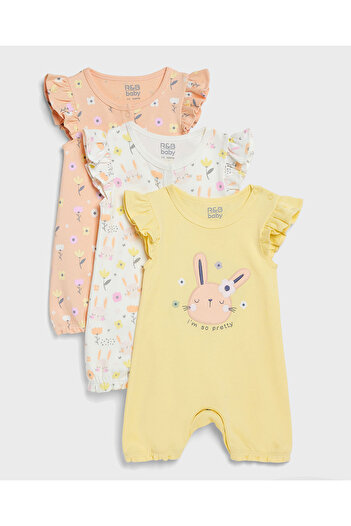 R&B 3 Pack Printed Rompers with Ruffle Sleeves