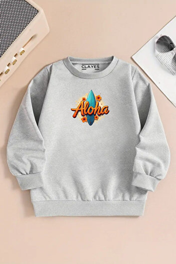 VBSVİBES Children's Gray Crew Neck Sweatshirt – Aloha Printed, Thick Fabric with Hood