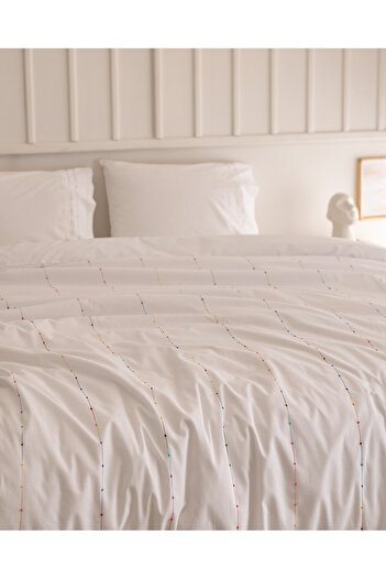 Madame Coco Estampe King Size 100% Cotton Ranforce Embroidered Duvet Cover Set - White