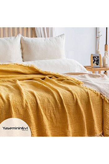 YASEMİNİNEVİ 4 Layer, 4 Sides Fringed Double Muslin Bedspread / Pique