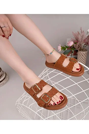 Raynok Women's Suede Double Striped Tropical Comfortable Orthopedic Sole Slippers Brown