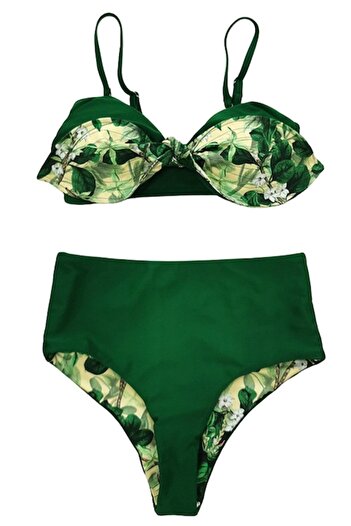 Mixbo Two-Piece High Waist Reversible Vintage Green Swimsuit, Size S
