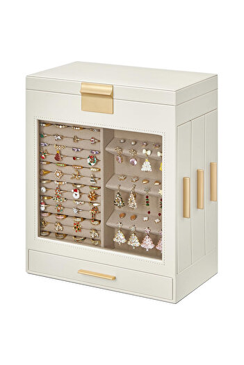 SONGMICS Jewelry Box with 3 Side Drawers, Window and Large Mirror, 16x26x32 cm, White