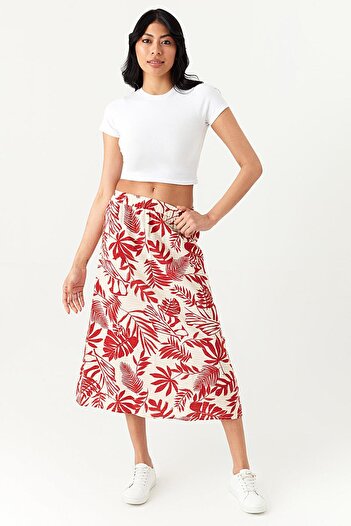 Select Moda Kadın Kırmızı Desenli Midi Etek