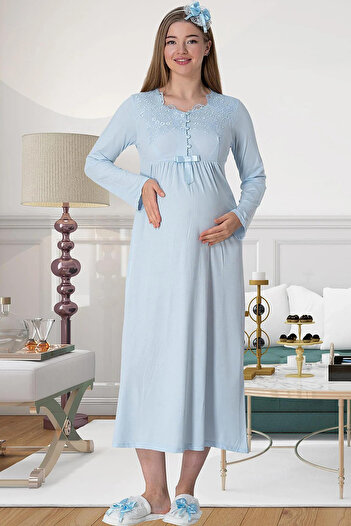 Mavelle Women's Lace Detailed Maternity Maternity Dressing Gown Nightgown Set 5417