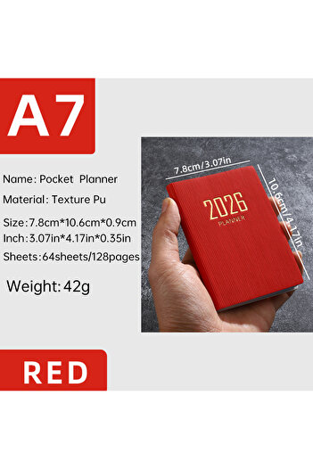Choice A7 Red A7 specification 2026 English planner book, mini portable pocket daily schedule book, 64 shee