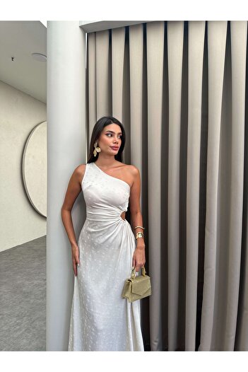 ESRAHELVACI Cream Patterned One Shoulder Satin Dress