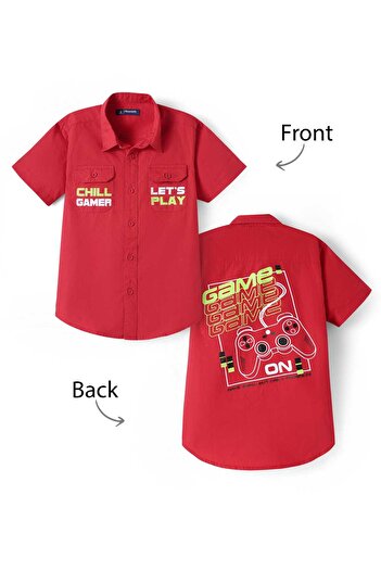 Pine kids Pine Kids Cotton Woven Half Sleeves Shirt With Game On Print - Red