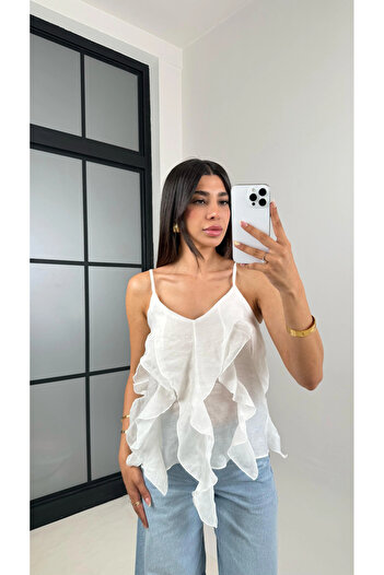 solena sln Layered Flounce Strap Chiffon Women's Blouse – Transparent Summer Strap Blouse