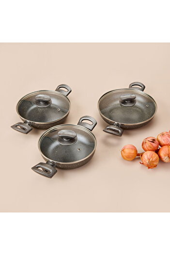 Mehtap 3-Piece Granite Pan Set with Lid - Gray