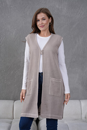 Lamierra Knitwear Openwork Mercerized Large Size Long Vest