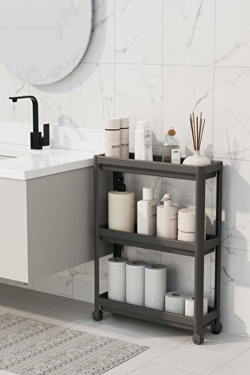 LIUWA (BLACK)Rectangular 3-Tier Shelving Unit with Wheels - Bathroom Kitchen Organizer Organizer Shelf