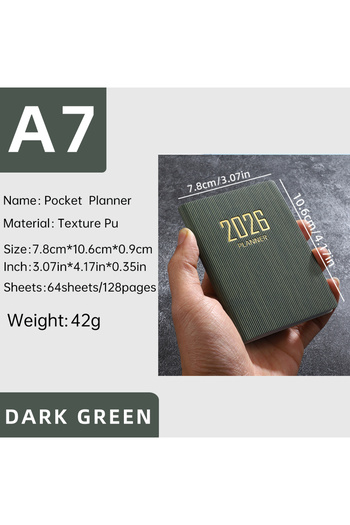 Choice A7 army green A7 specification 2026 English planner book, mini portable pocket daily schedule book,