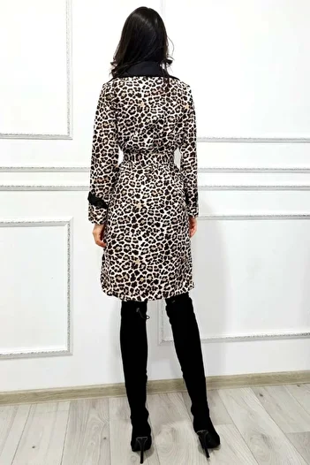 FashionForYou Viviane animal print trench coat, with contrasting lapels and matching drawstring, Leopard Beige, M