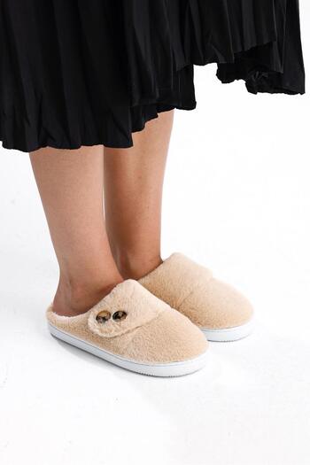 NOVİNS Women's Plush Button Detailed Comfortable Flexible Soled Washable House Slippers Dowry Slippers