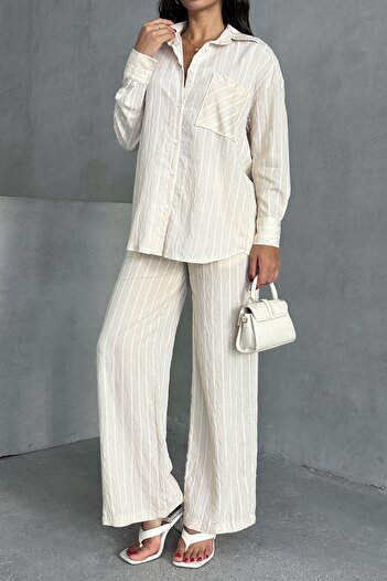 MD trend Women's Striped Shirt Pants Double Suit