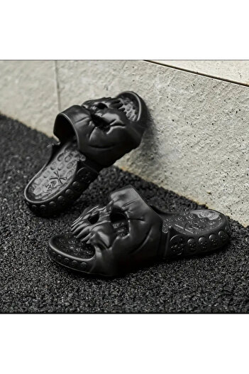 Phellos Unisex Slippers with Black Skull Design – Bone Themed 3D Embossed Model