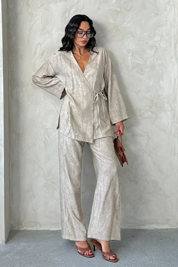 MD trend Women's Tie-Up Slit Kimono Pants Set