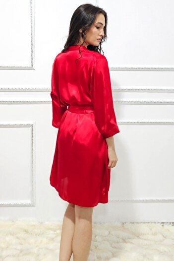 FashionForYou Three-piece satin set, Alisia, robe, shorts, and top with lace inserts, Red