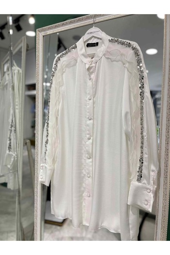 MERAM BUTİK Selinada Satin Tunic Sequence Flower Detail 3151 - White - 42