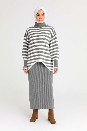 Sonbaharmoda Top Sweater Striped Bottom Dress Knitwear Set – Two Pieces – Modern & Comfortable