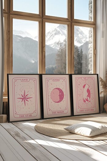 Postifull Black Painting Set, 3 Pieces Black Framed Poster Tarot Cards Model No:300898, Pink Wall Decor