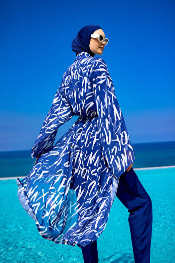 Riva Mera Navy Blue Patterned Beach Pareo Kimono – Rp2502