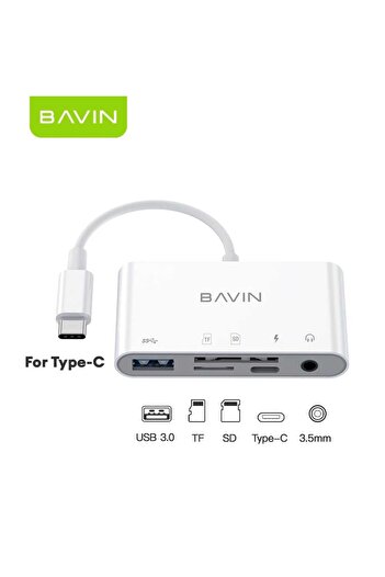 Bavin قارئ بطاقات 5 في 1 من النوع C متعدد الوظائف عالي السرعة 3.0 متوافق مع USB والصوت وبطاقة SD وTF أبيض