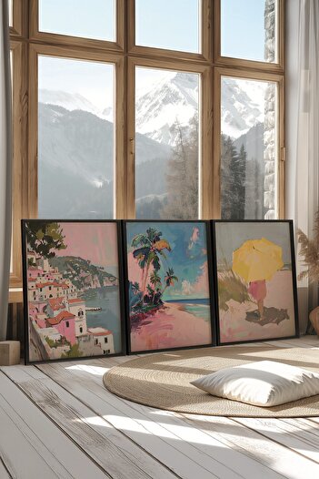 Postifull Black Painting Set, 3 Pieces Black Framed Poster Pink Coast Model No:300898, Colorful Wall Decor