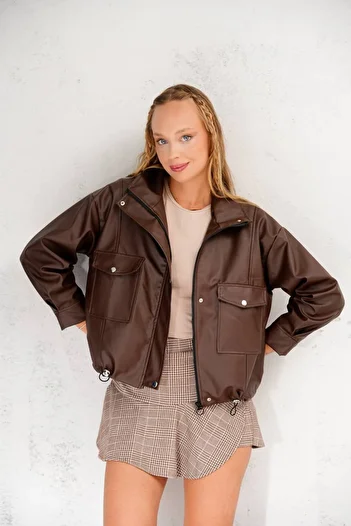 MEYASU Women's Oversize Brown Leather Jacket with Side Drawstring Pocket Detail