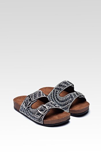 Raynok Stylish Double Buckle Design Comfortable Orthopedic Slippers with Stones Black