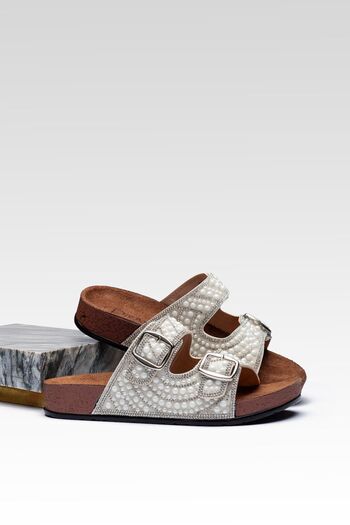 Raynok Stylish Double Buckle Design Comfortable Orthopedic Slippers with Stones White