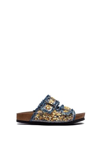 Raynok Women's Double Buckle Denim Leather Stone Comfortable Fit Orthopedic Slippers Navy Blue