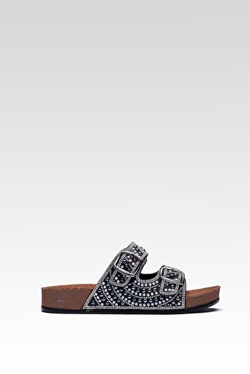Raynok Stylish Double Buckle Design Comfortable Orthopedic Slippers with Stones Black