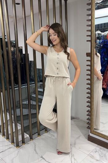 By Saygı Women's V-Neck Button Front Blouse Elastic Waist Pocket Palazzo Pants Ayrobin 2 Piece Set