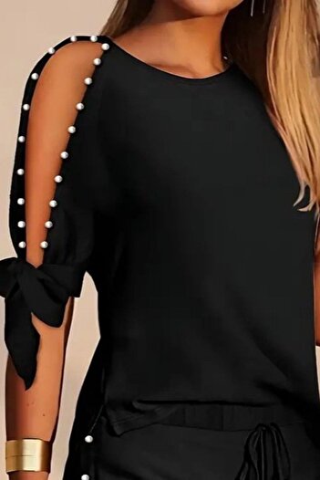 Mossta Pearl Shoulder Tie-Up Blouse Lace-Up Shorts Two-Piece Set - Black