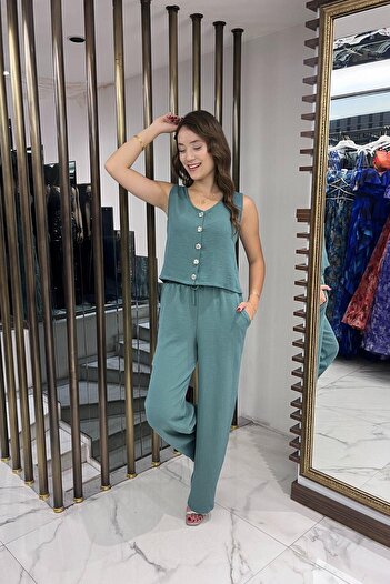 By Saygı Women's V-Neck Button Front Blouse Elastic Waist Pocket Palazzo Pants Ayrobin 2 Piece Set