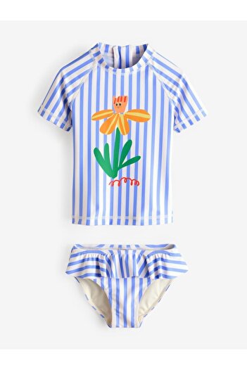 Next Baby Blue White Striped Floral Patterned Sunsafe Protective Swimsuit Bottom Top Set
