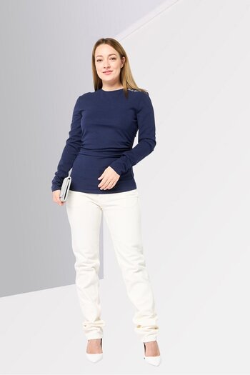 Karl Lagerfeld Women Crew Neck Long Sleeves Plain Top, Navy