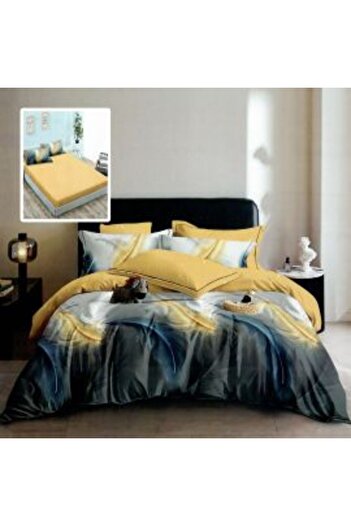 Ralex Double Bed Linen Finet Cotton, 6-piece set with Mattress Cover, Yellow-Grey, Pucioasa HF 6 P 288