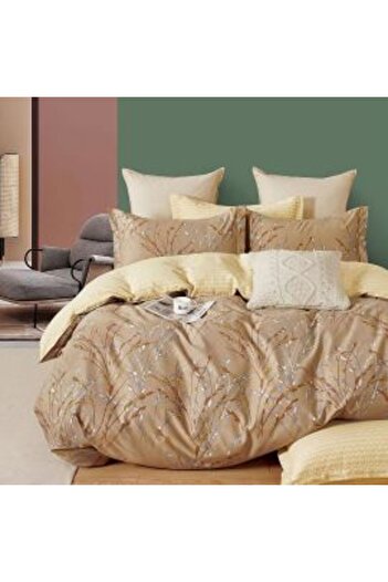 Ralex Double Bed Linen Percale Printed 100% Cotton, 4 Pieces, Yellow/Brown, Pucioasa