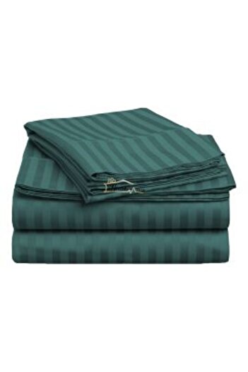 HomePuls Fitted Bed Sheet Damask 100% Cotton 1cm Stripe, 230 x 250 cm for Mattress 180 x 200 cm, Petrol Green