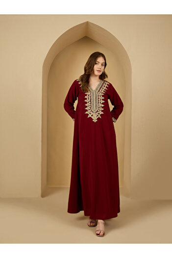 Styli Embellished Lace Detail V Neck Jalabiya
