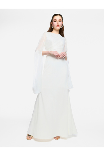 House of Moda By Styli Sheer Cape Sleeve Pleated Detail Maxi Dress