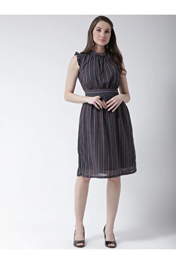 Kassually By Styli Striped Sleeveless Ruffled Detail Knee-Length Dress