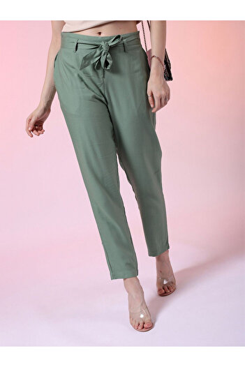 Freehand By Styli Women Green Tapered Pants with Tie Belt