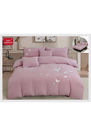 FIONNA.RO Premium Fine Bed Linen With Embroidery And Elastic - Lilac With Butterflies