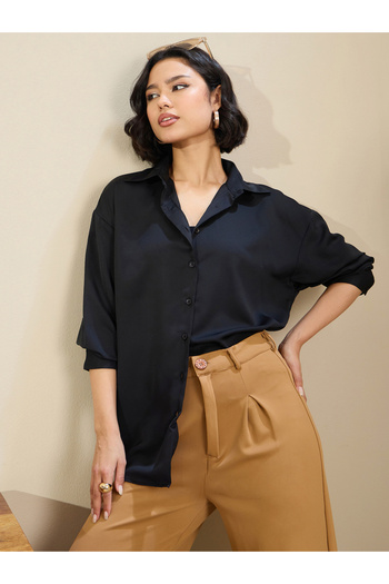 Sassafras By Styli Black Satin Oversized Curved Hem Buttoned Shirt